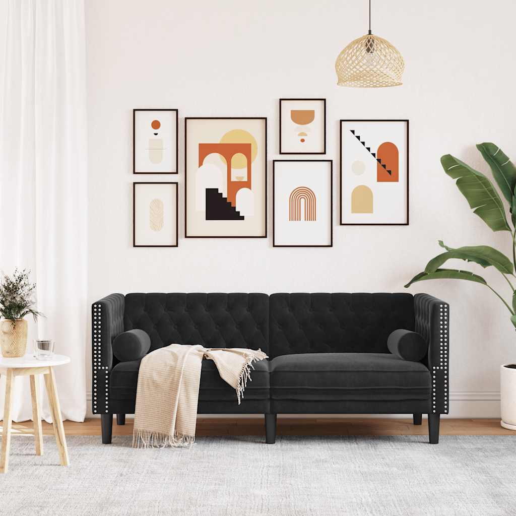 Canapé Chesterfield avec traversins 2 places noir velours - XIOS