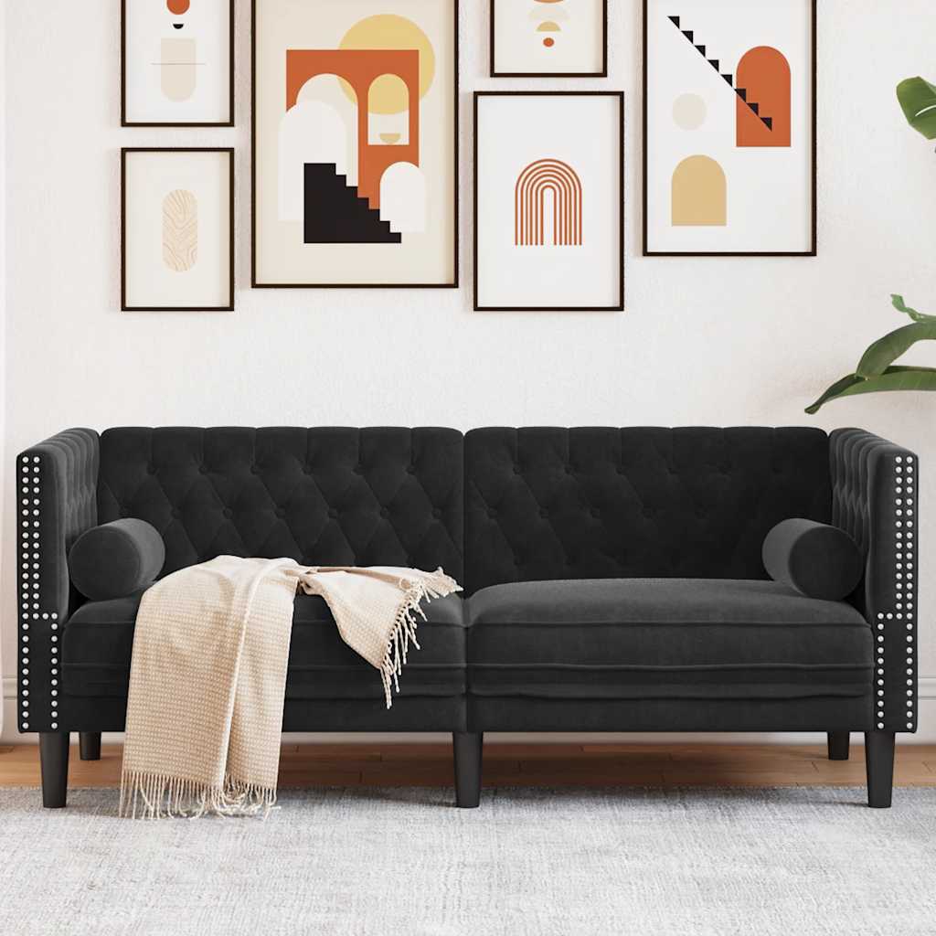 Canapé Chesterfield avec traversins 2 places noir velours - XIOS
