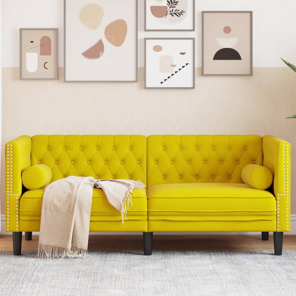 Canapé Chesterfield avec traversins 2 places jaune velours - XIOS
