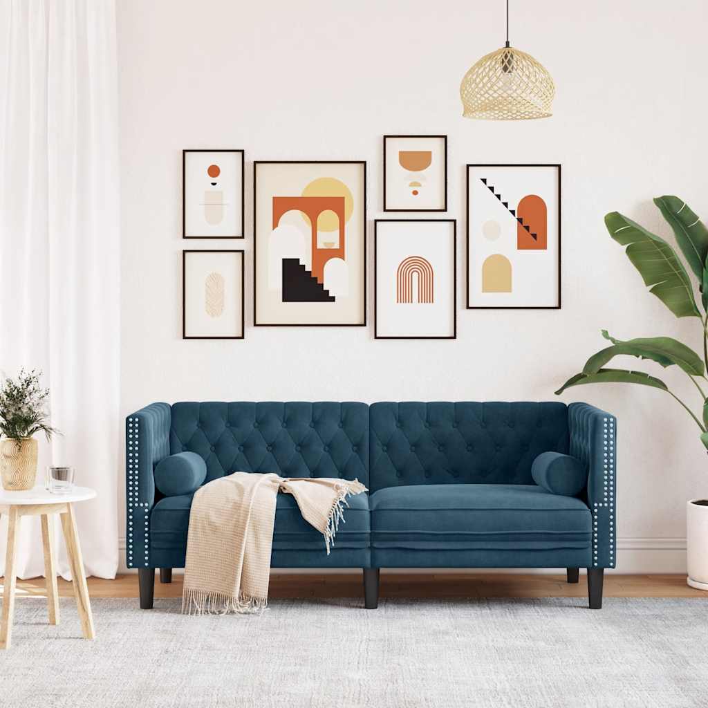 Canapé Chesterfield avec traversins 2 places bleu velours - XIOS