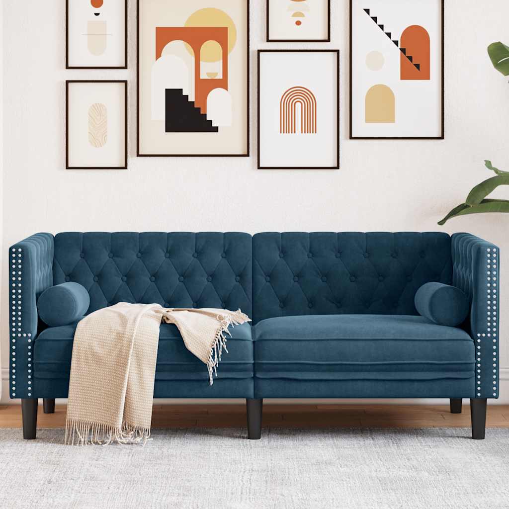 Canapé Chesterfield avec traversins 2 places bleu velours - XIOS