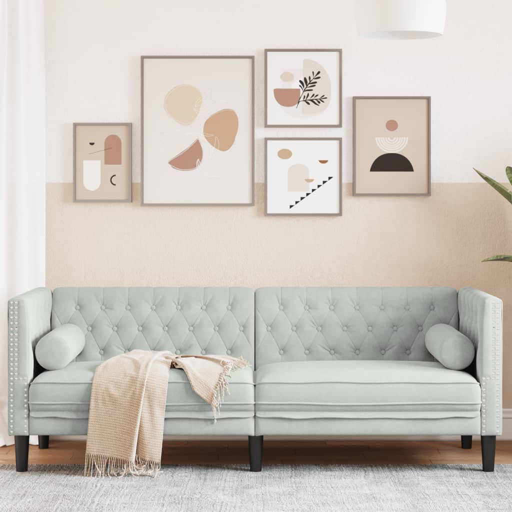 Canapé Chesterfield avec traversins 3 places gris clair velours - XIOS