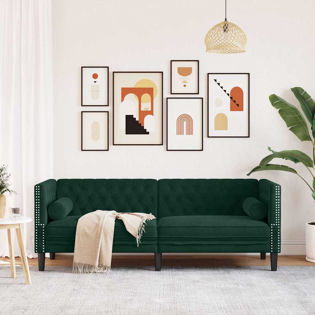 Canapé Chesterfield avec traversins 3 places vert foncé velours - XIOS