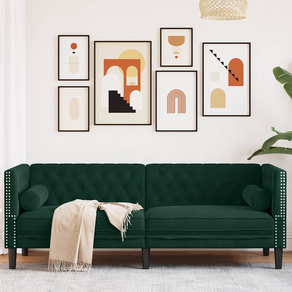 Canapé Chesterfield avec traversins 3 places vert foncé velours - XIOS