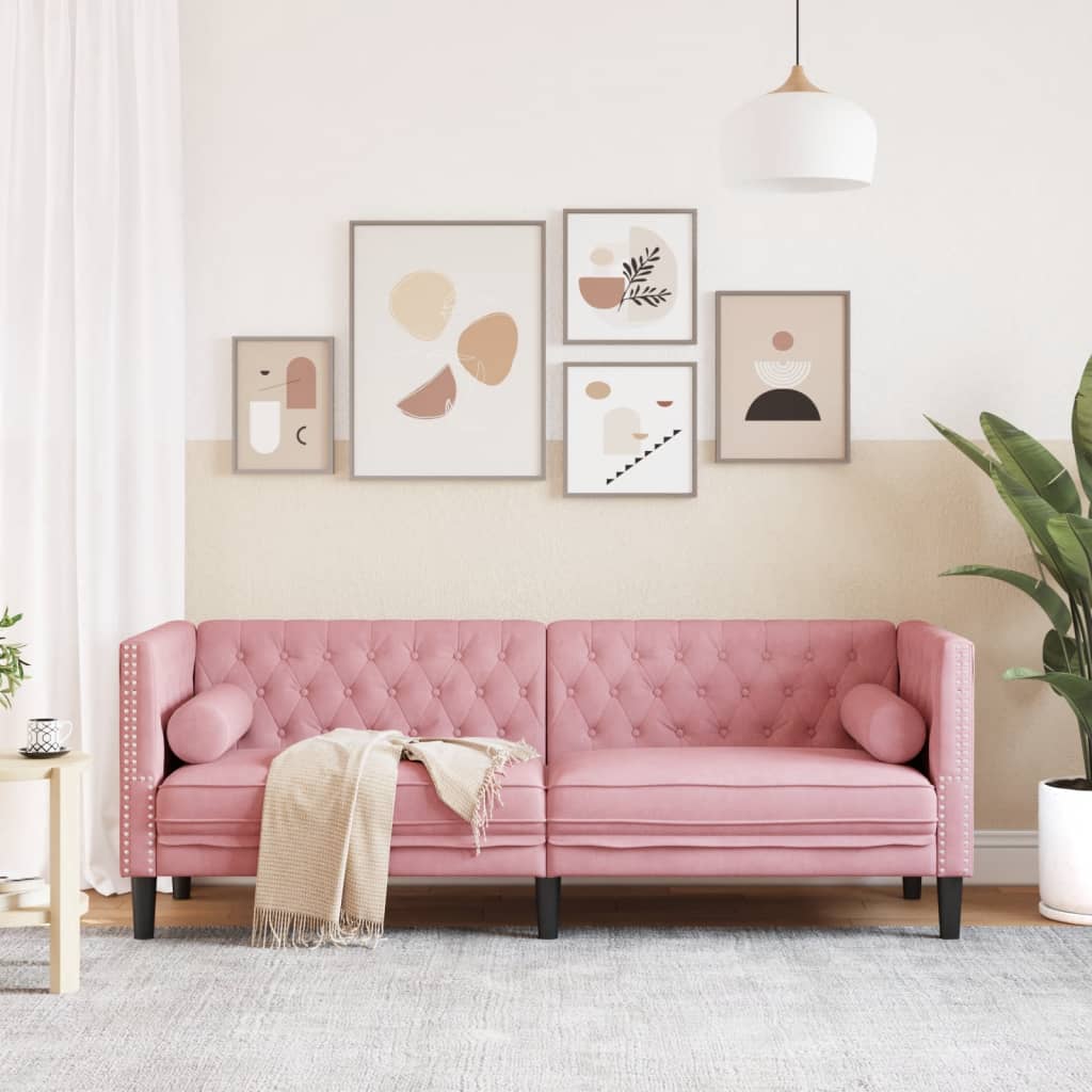 Canapé Chesterfield avec traversins 3 places rose velours - XIOS