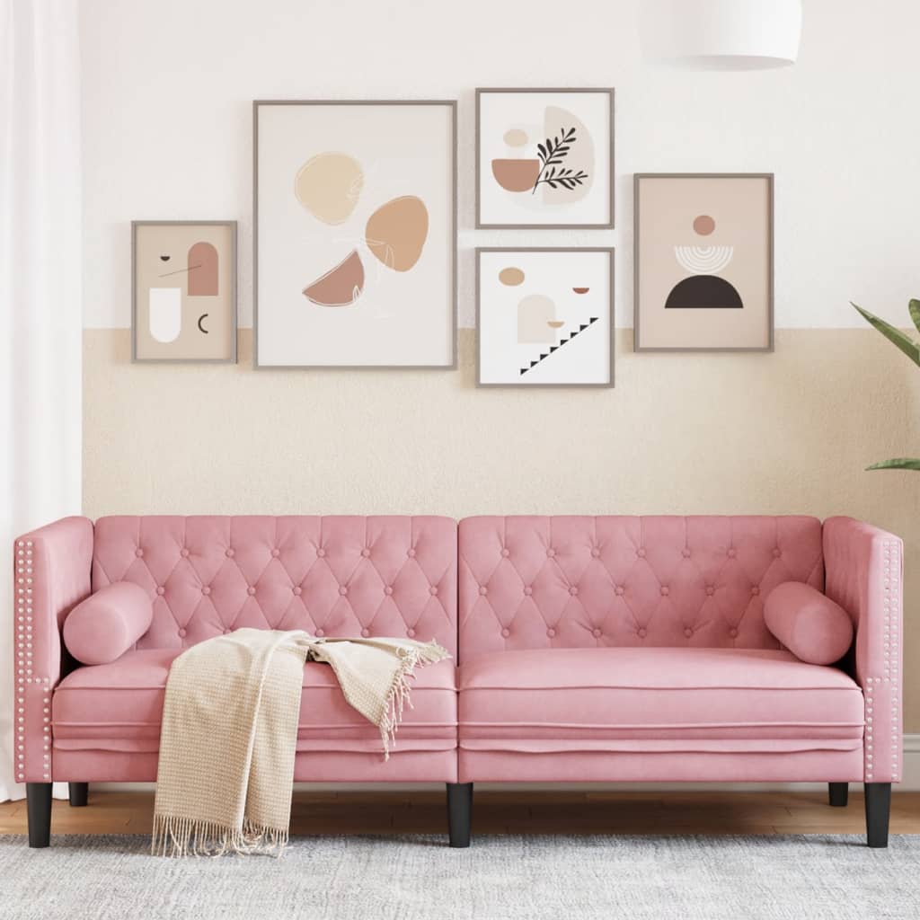 Canapé Chesterfield avec traversins 3 places rose velours - XIOS