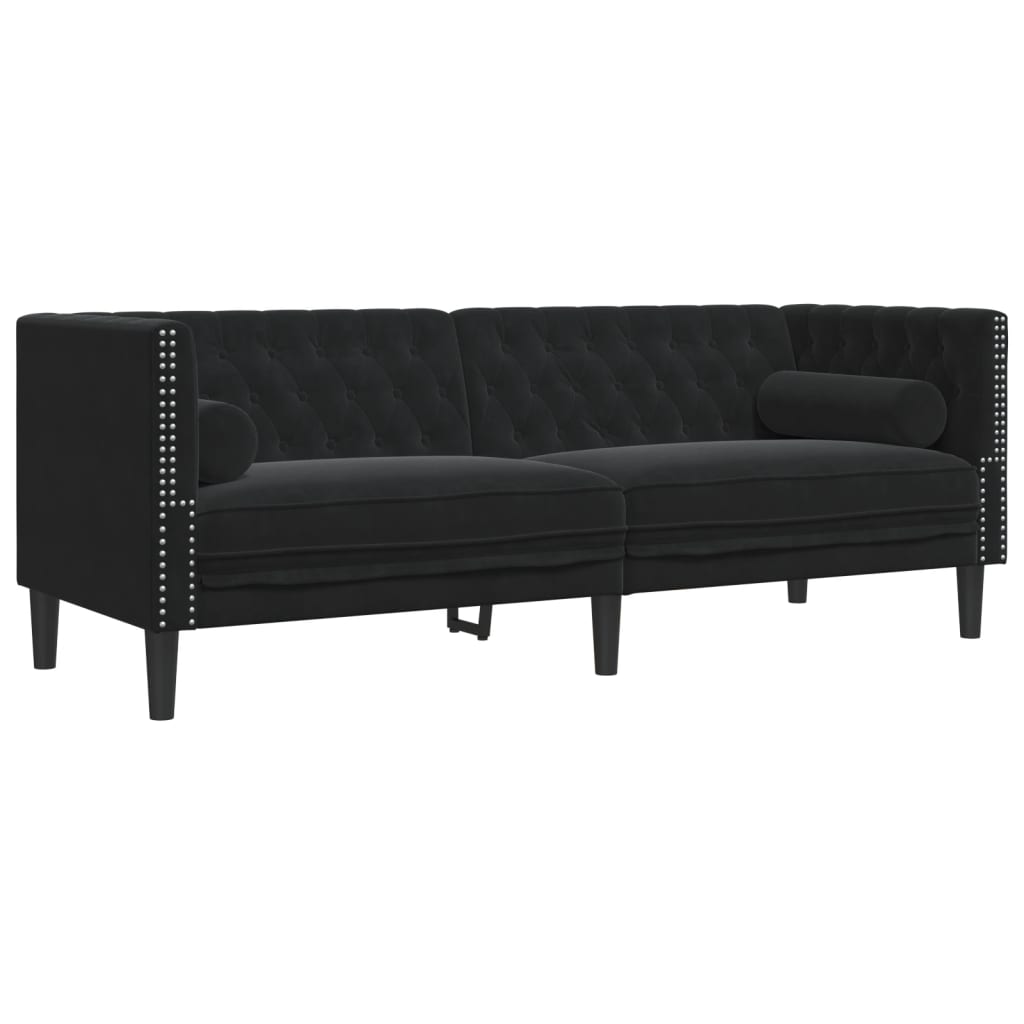 Canapé Chesterfield avec traversins 3 places noir velours - XIOS