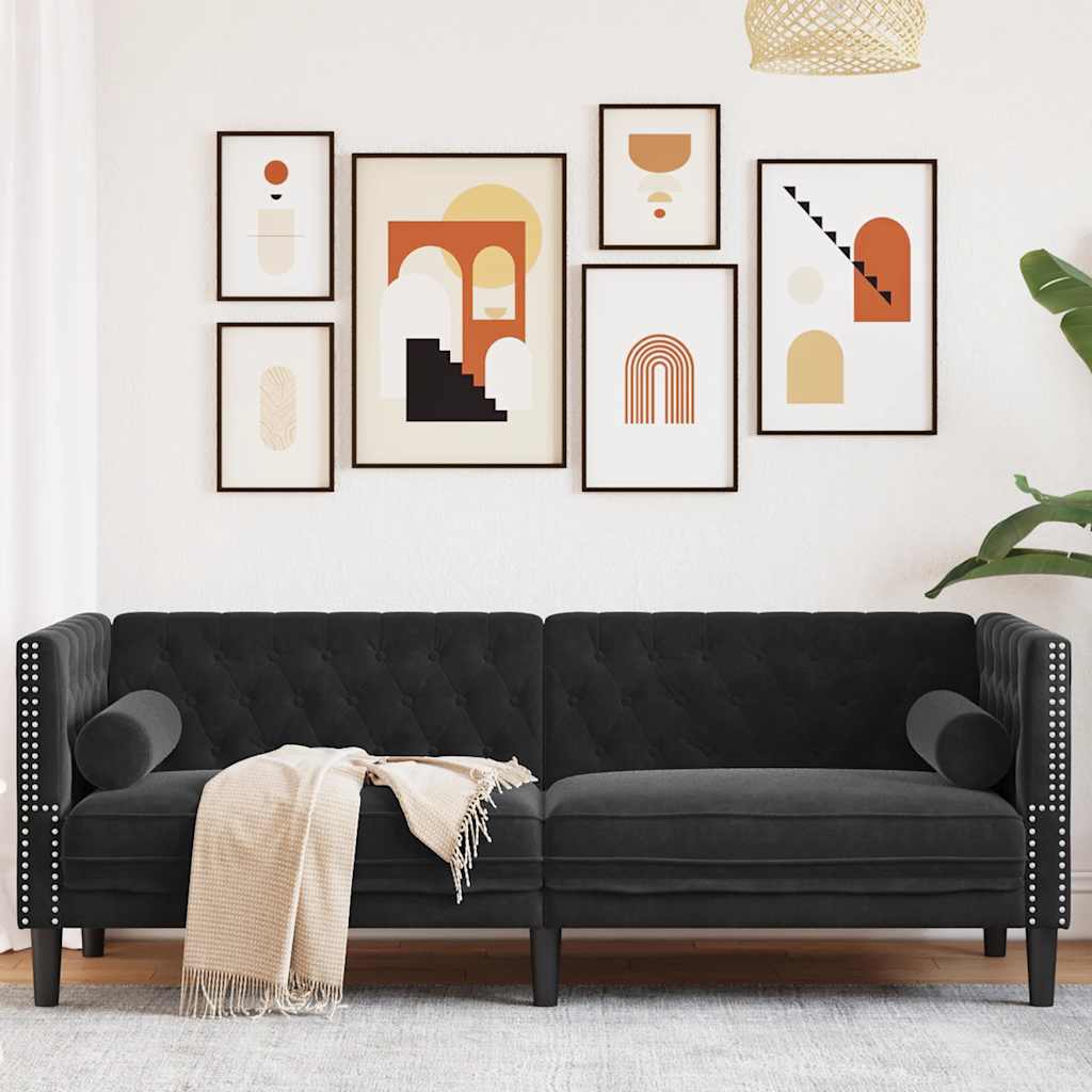 Canapé Chesterfield avec traversins 3 places noir velours - XIOS