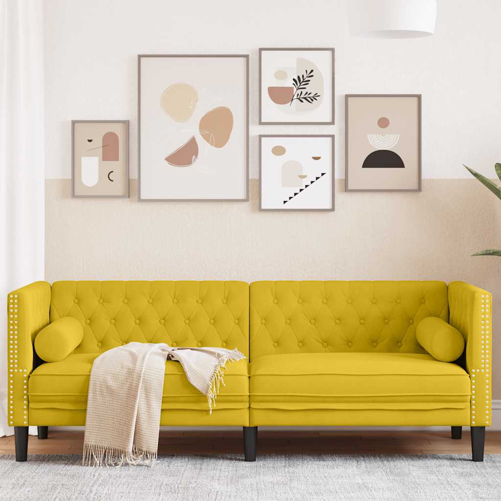 Canapé Chesterfield avec traversins 3 places jaune velours - XIOS
