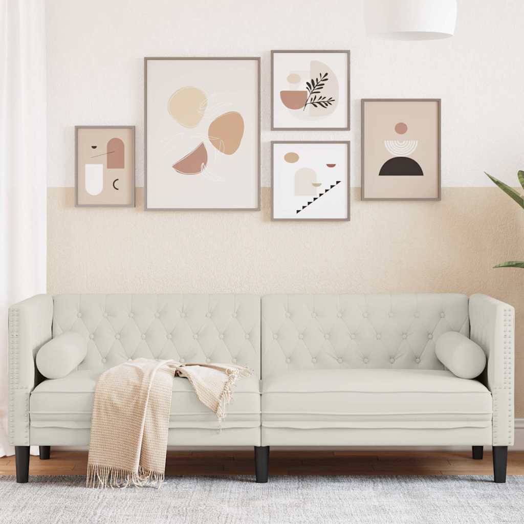 Canapé Chesterfield avec traversins 3 places crème velours - XIOS