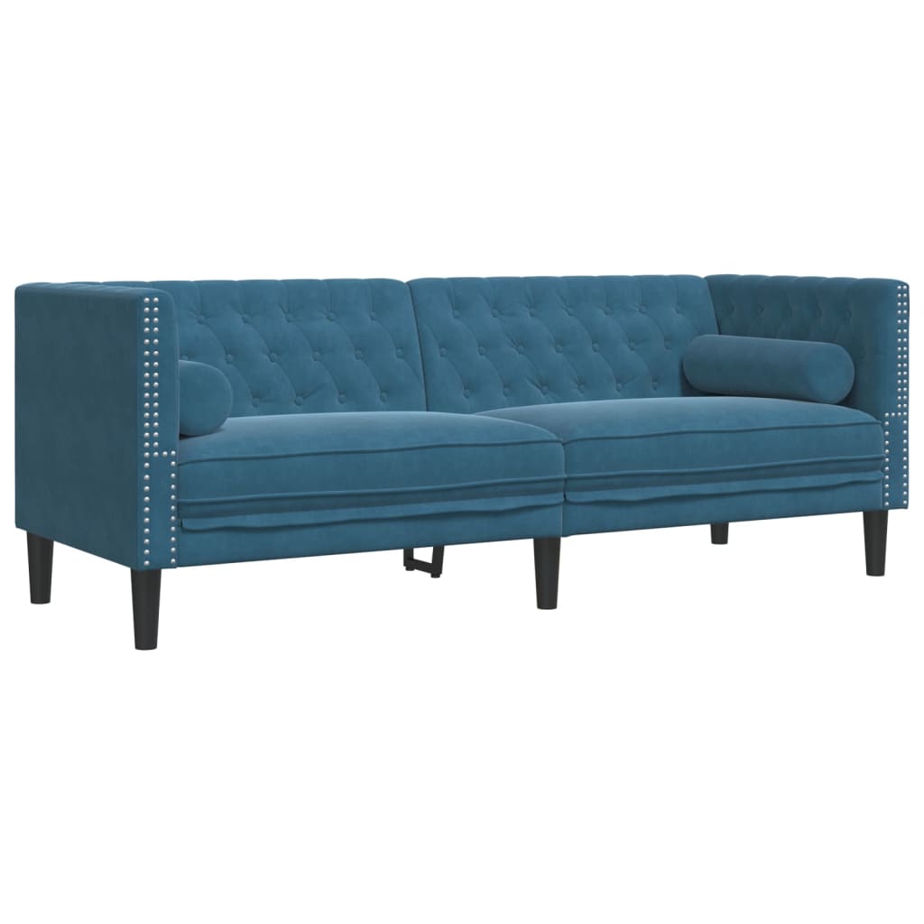 Canapé Chesterfield avec traversins 3 places bleu velours - XIOS
