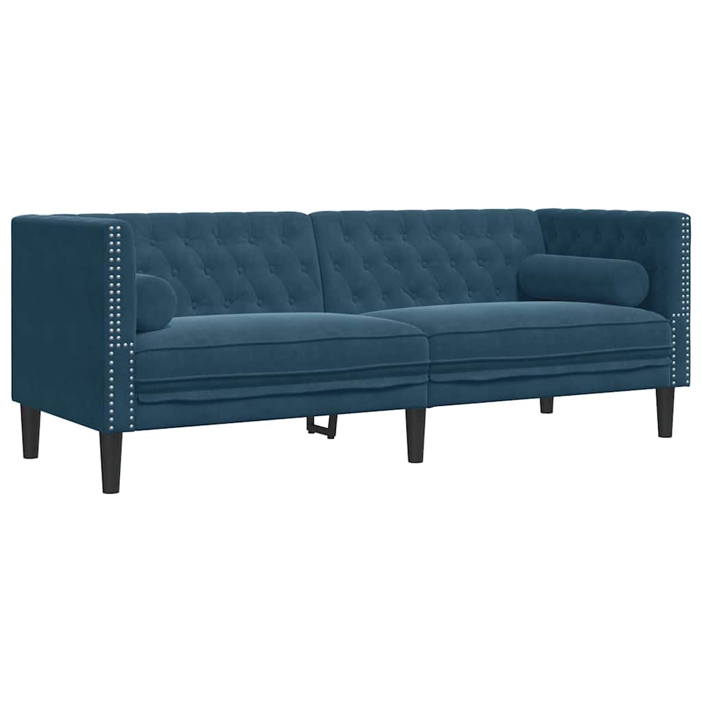 Canapé Chesterfield avec traversins 3 places bleu velours - XIOS