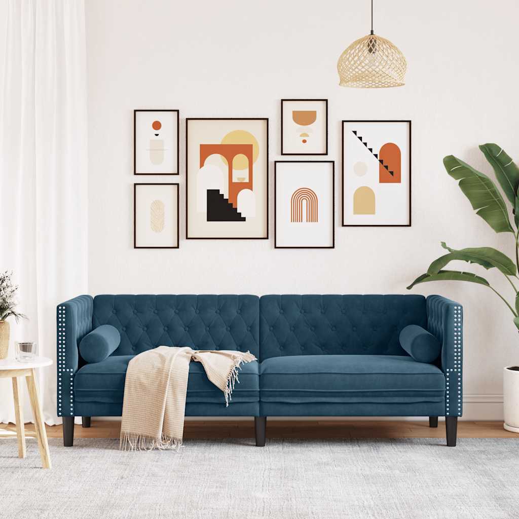 Canapé Chesterfield avec traversins 3 places bleu velours - XIOS