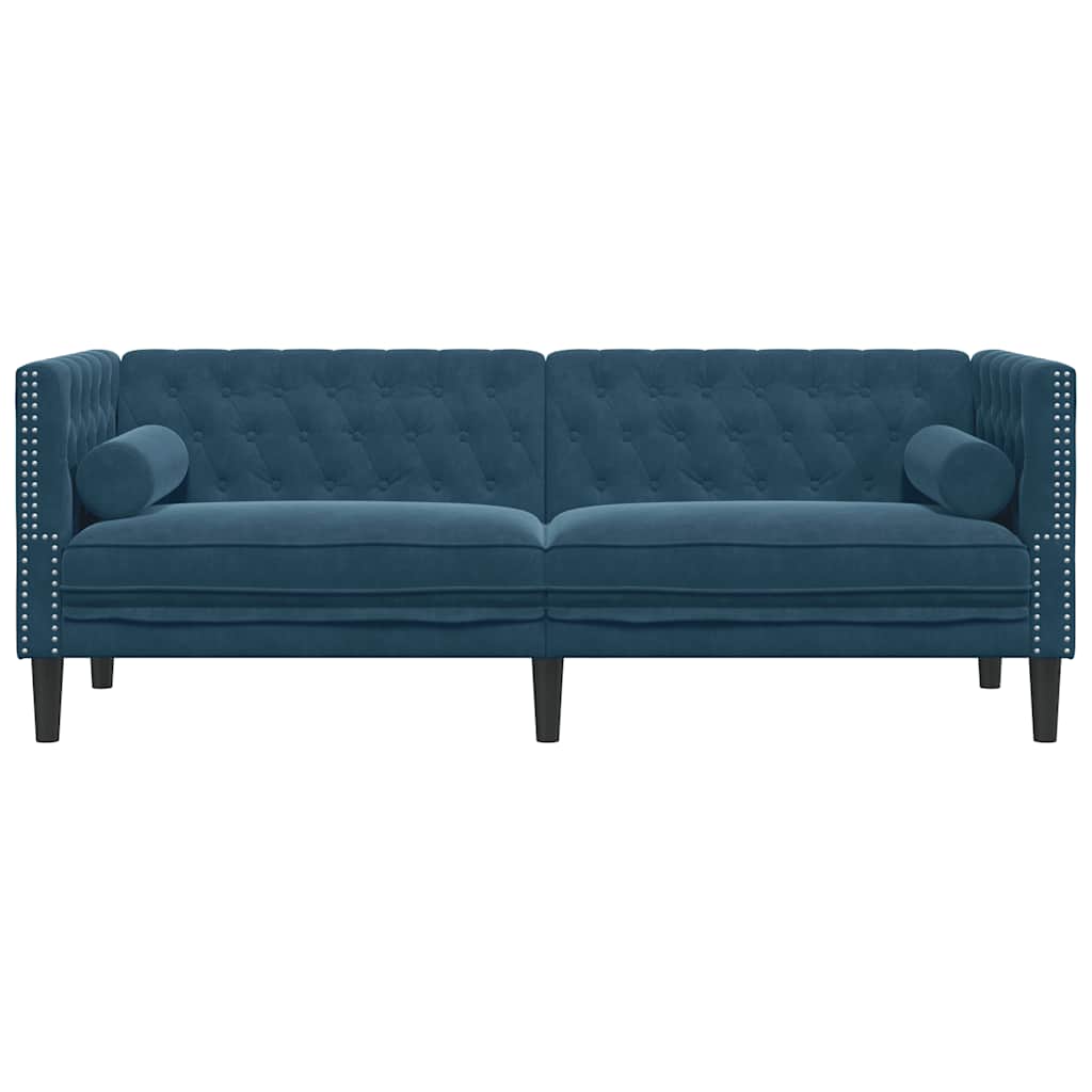 Canapé Chesterfield avec traversins 3 places bleu velours