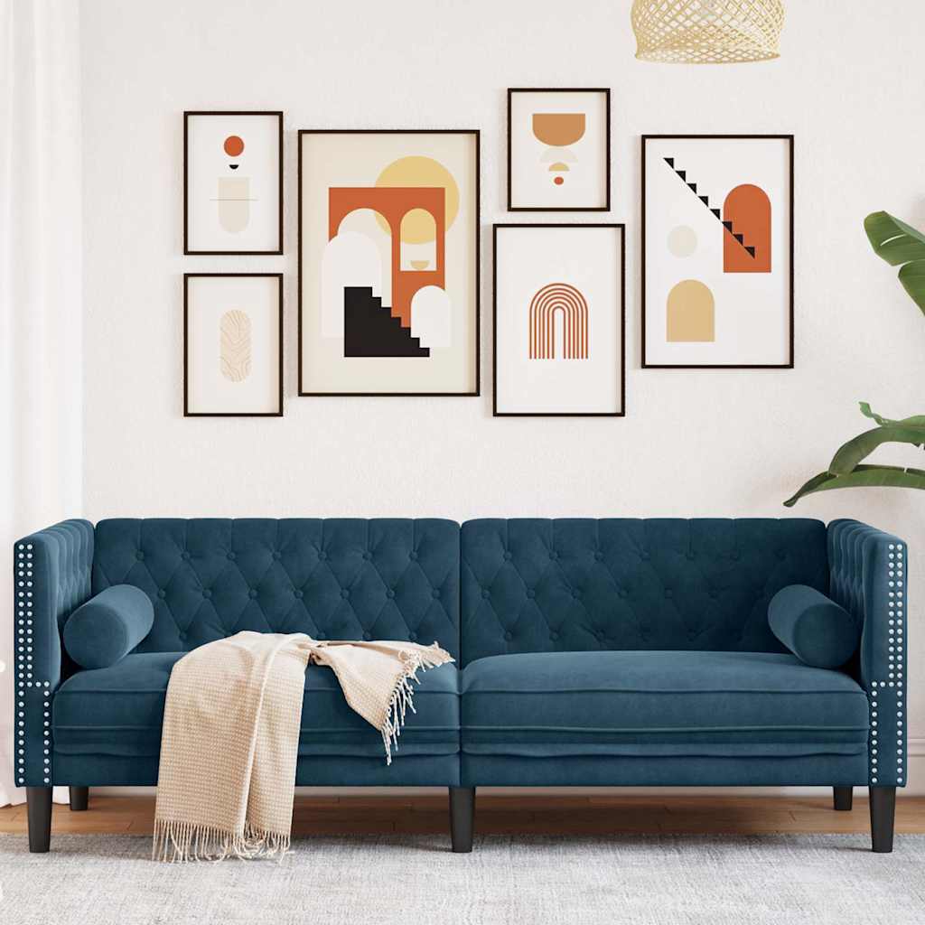 Canapé Chesterfield avec traversins 3 places bleu velours - XIOS