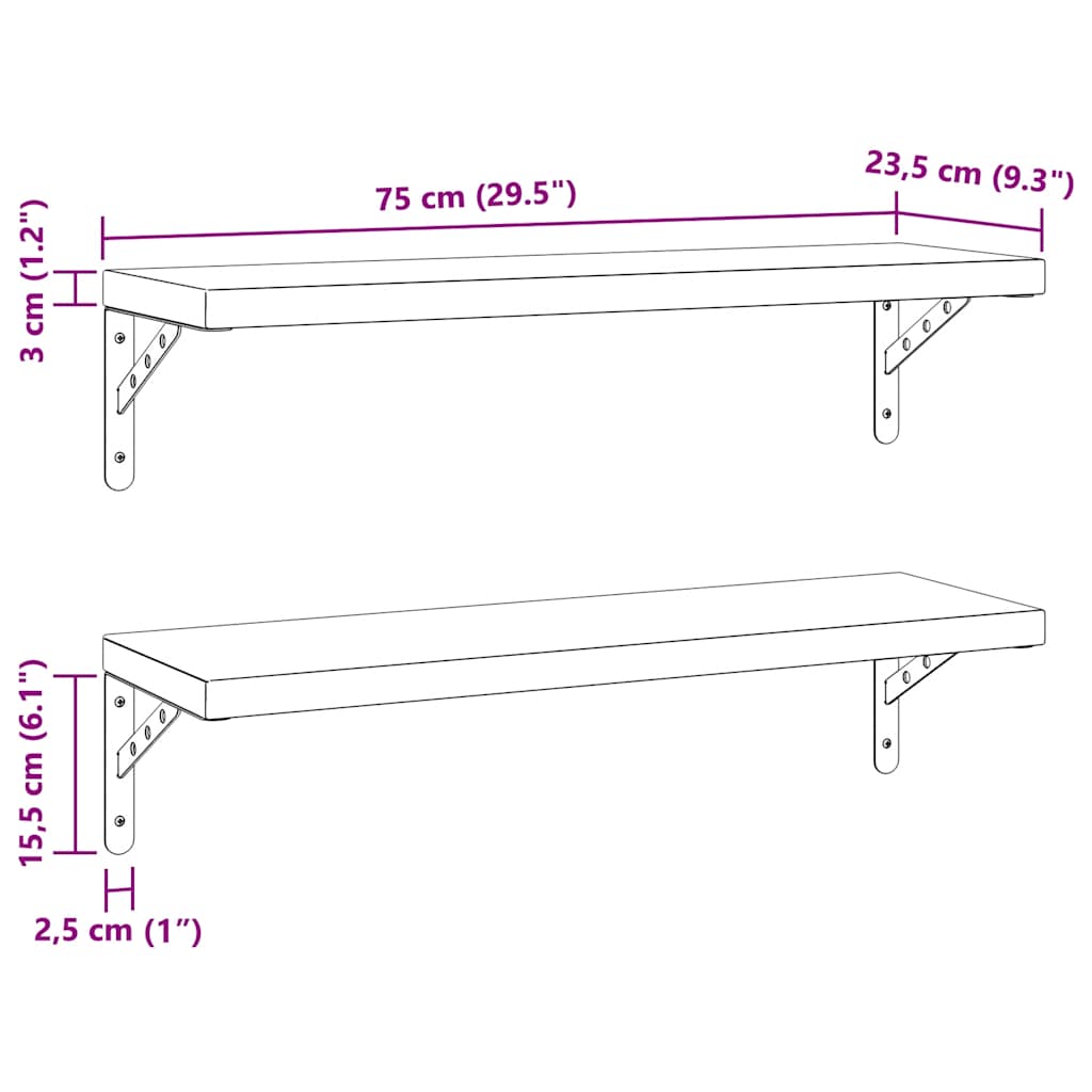 Étagères murales 2 pcs 75x23,5 cm noir acier inoxydable - XIOS
