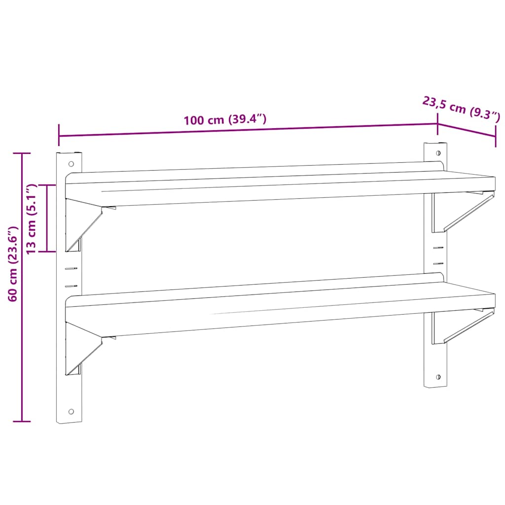 Étagère murale 2 niveaux 100x23,5x60cm argenté acier inoxydable - XIOS