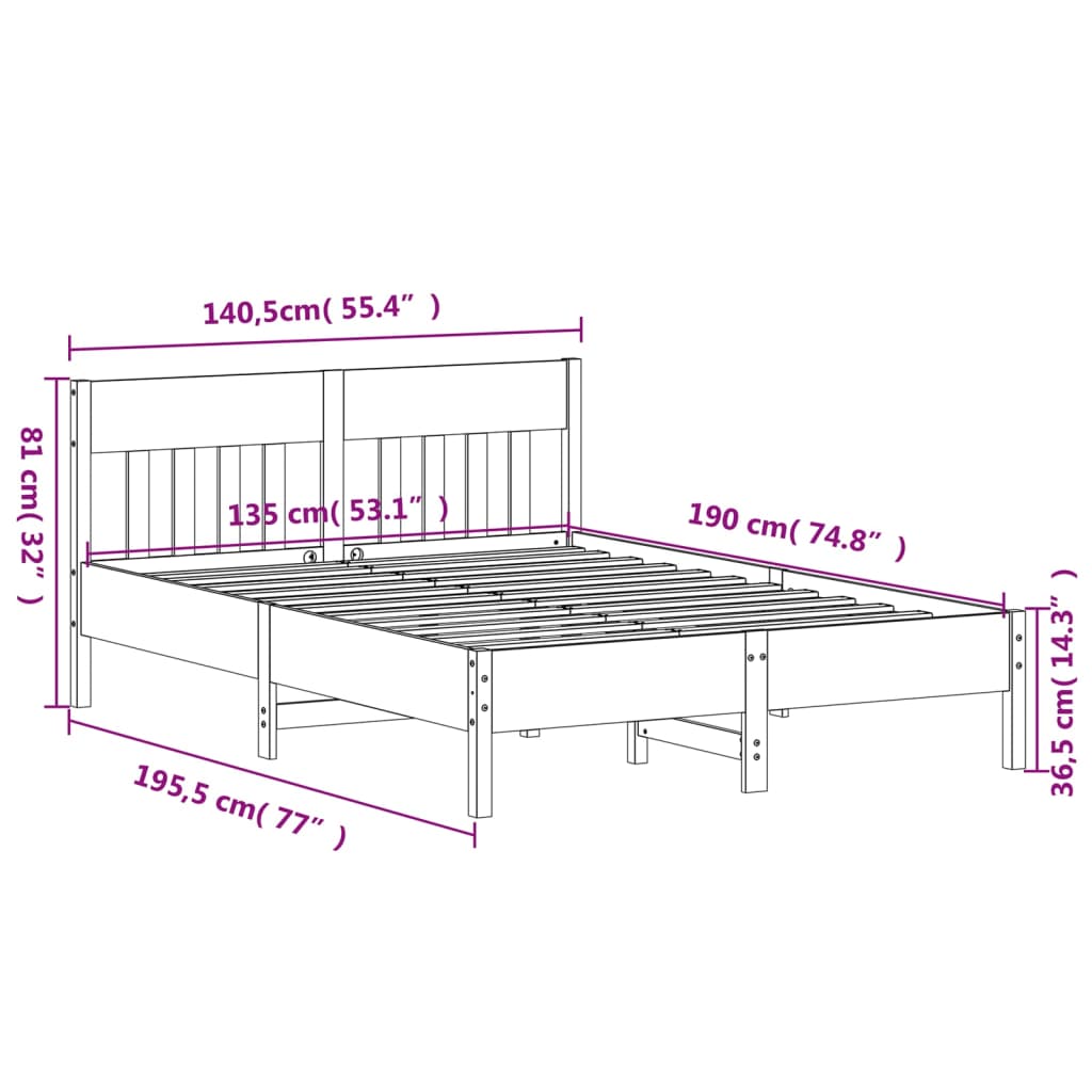 Cadre de lit sans matelas cire marron 135x190cm bois pin massif - XIOS