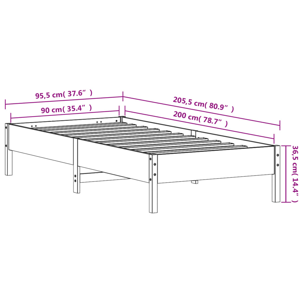 Cadre de lit sans matelas cire marron 90x200 cm bois pin massif - XIOS