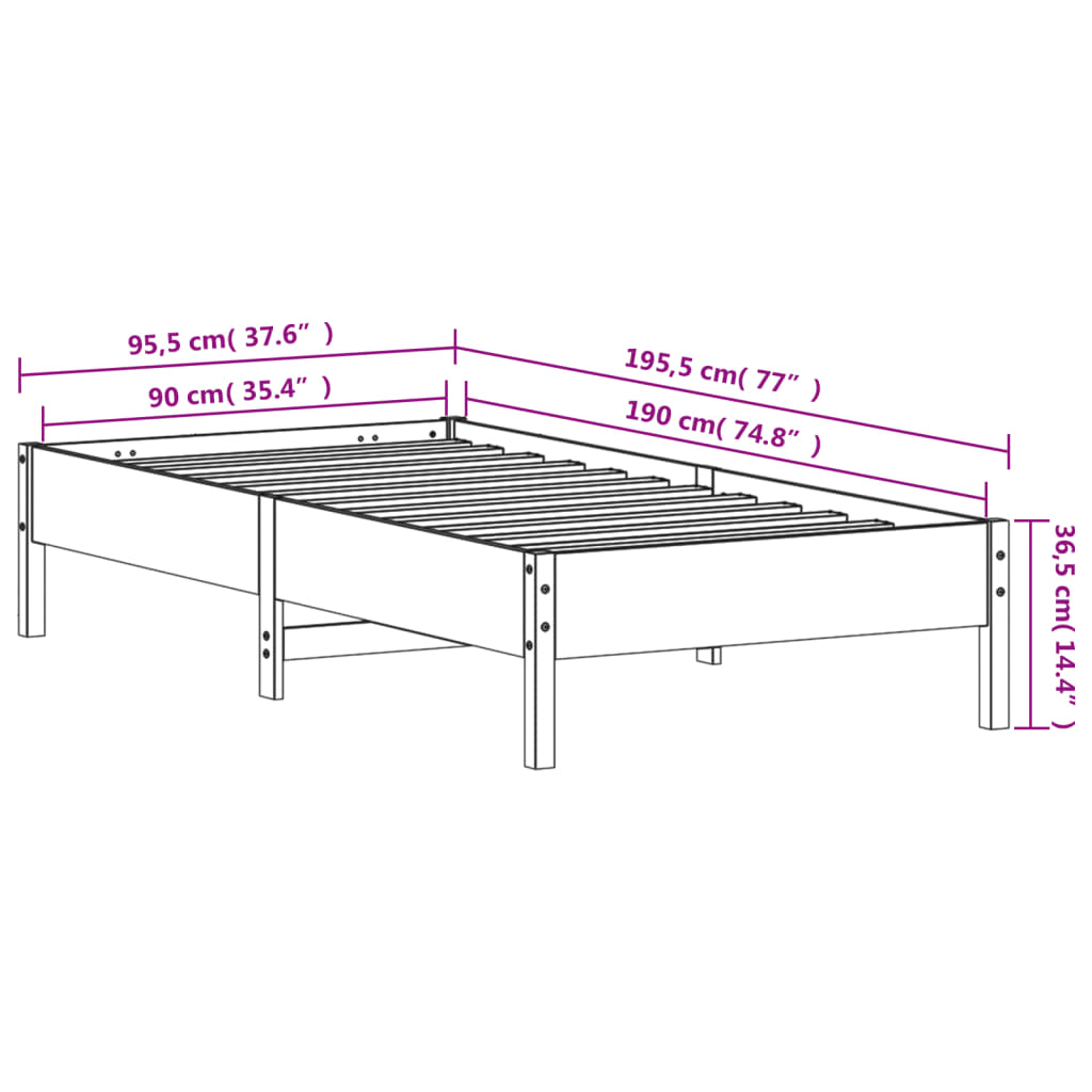 Cadre de lit sans matelas cire marron 90x190 cm bois pin massif - XIOS