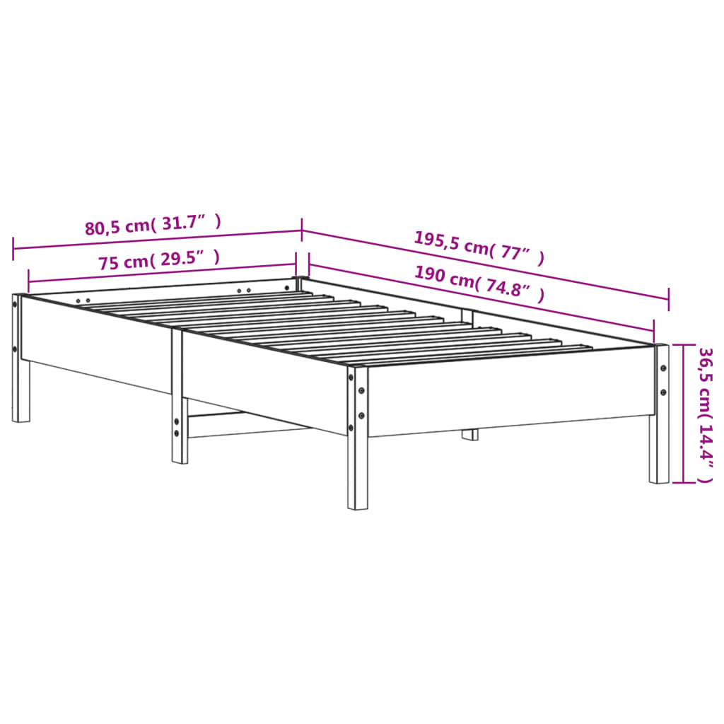 Cadre de lit sans matelas cire marron 75x190 cm bois pin massif - XIOS