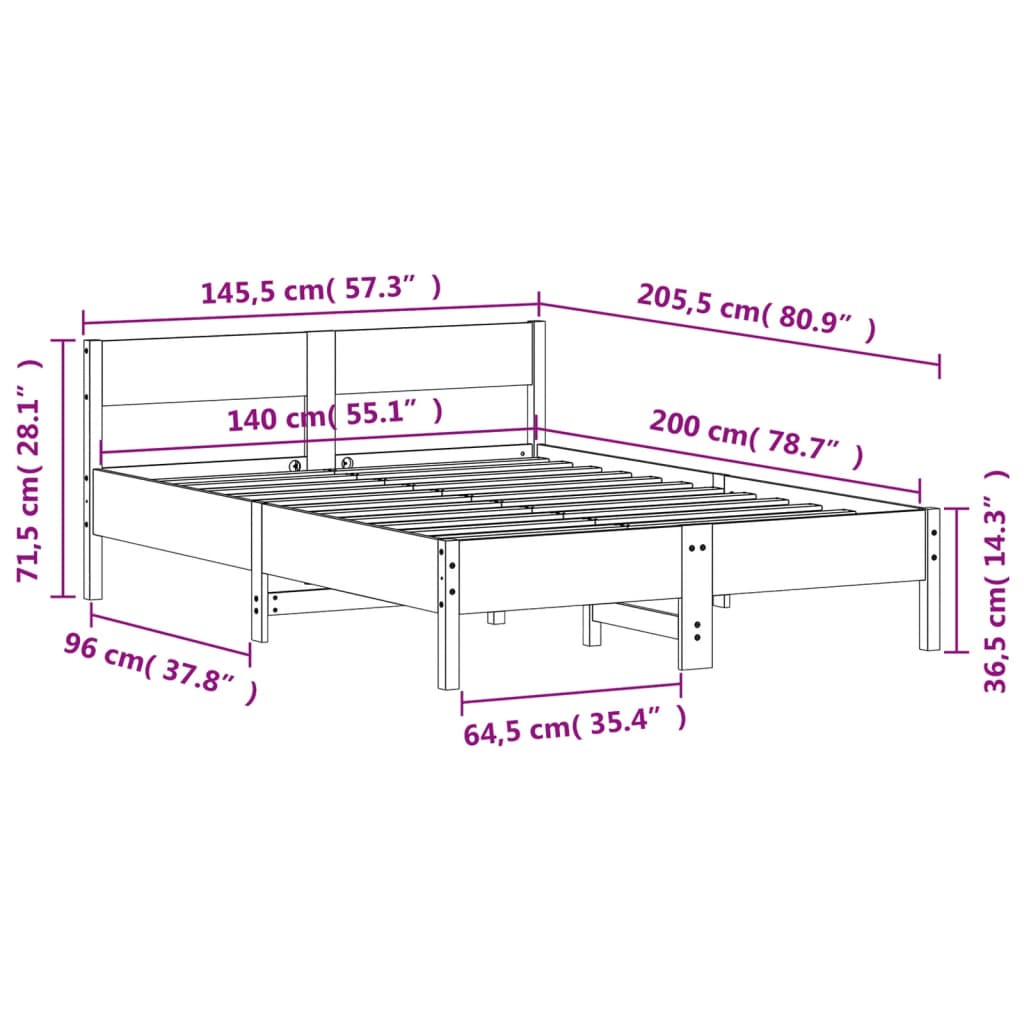 Cadre de lit sans matelas 140x200 cm bois massif de pin - XIOS