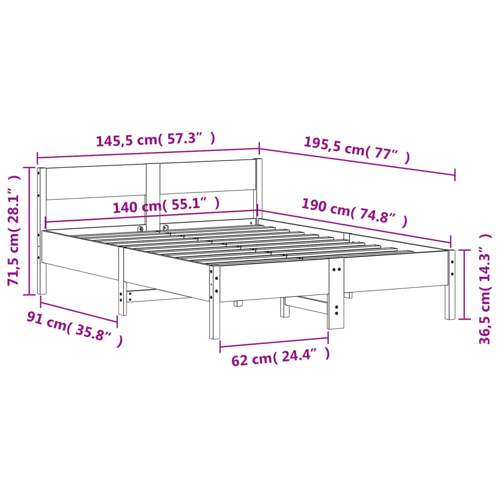 Cadre de lit sans matelas cire marron 140x190cm bois pin massif - XIOS