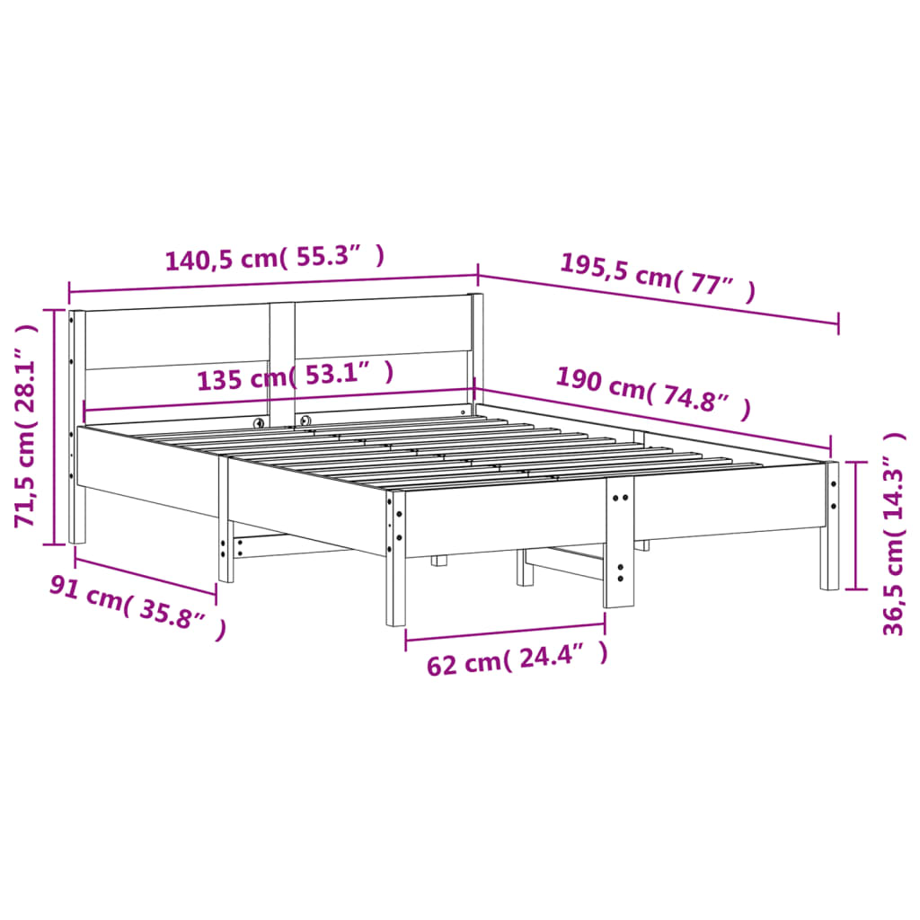 Cadre de lit sans matelas cire marron 135x190cm bois pin massif - XIOS