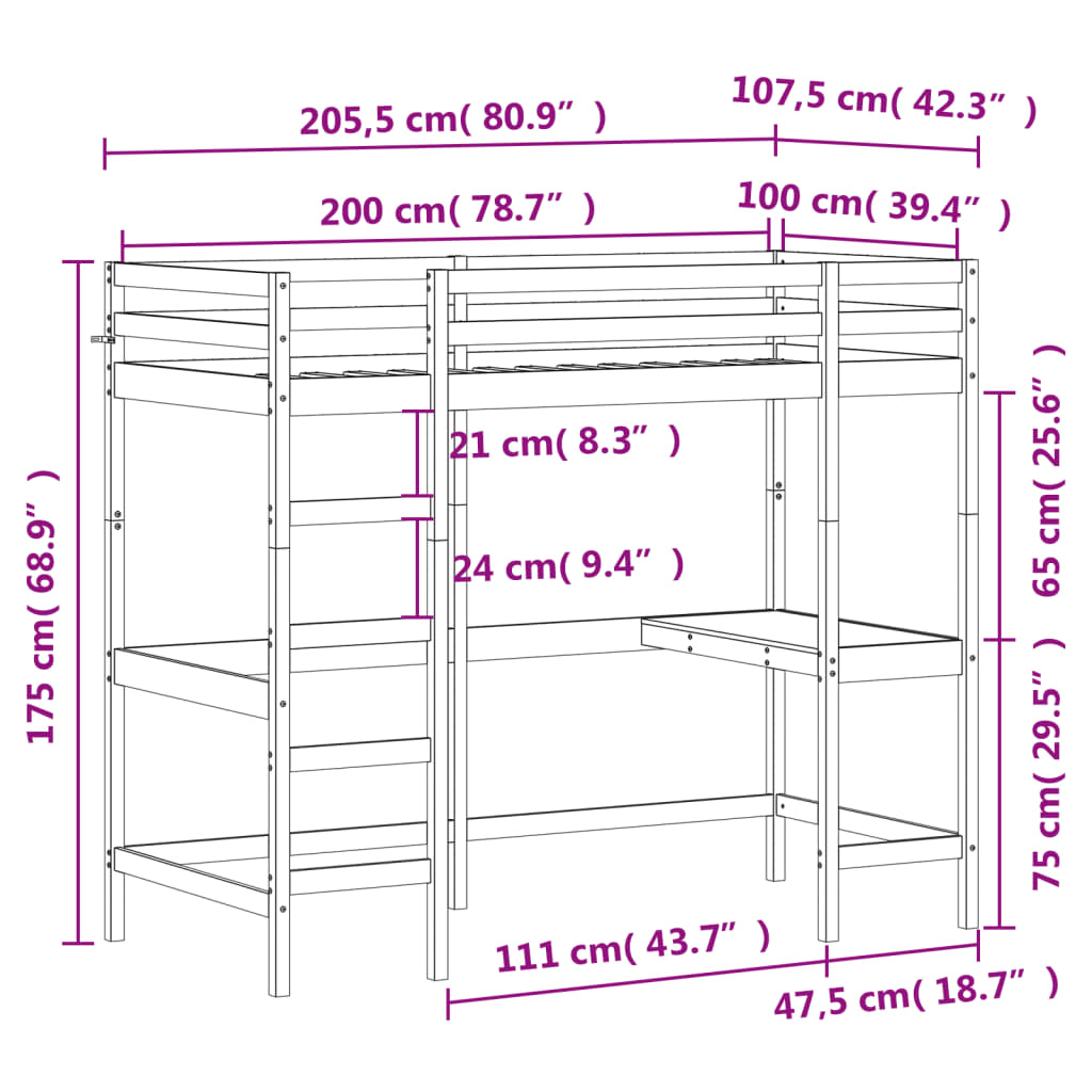 Lit superposé sans matelas 100x200 cm bois massif de pin - XIOS