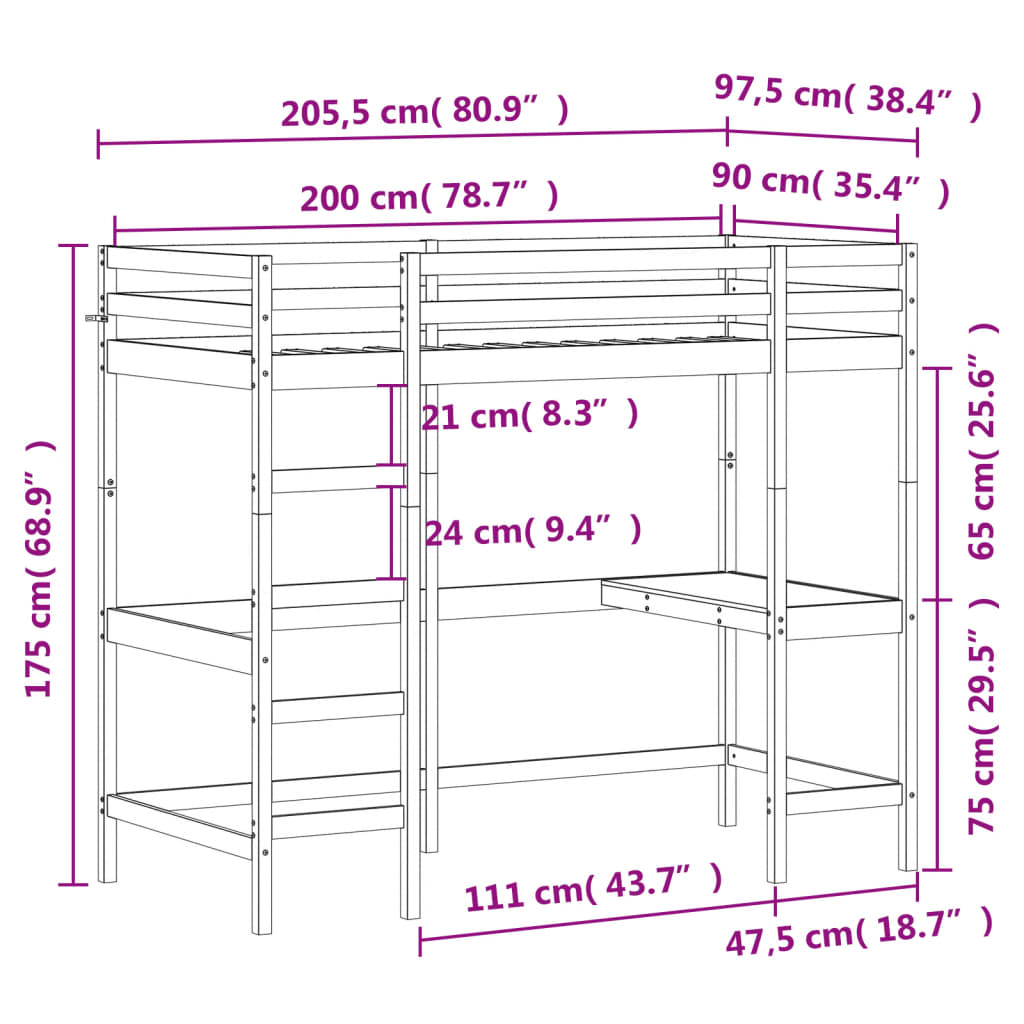 Lit superposé sans matelas cire marron 90x200 cm pin massif - XIOS