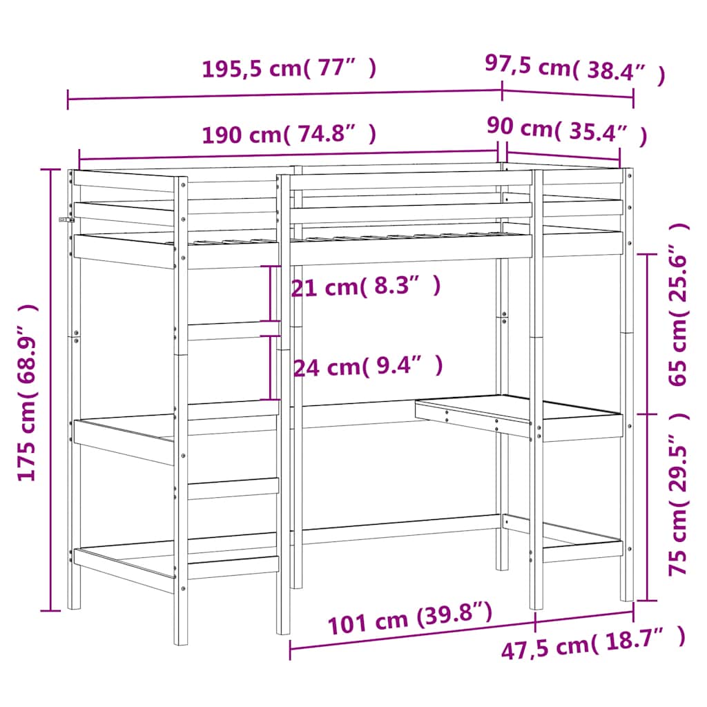 Lit superposé sans matelas 90x190 cm bois massif de pin - XIOS