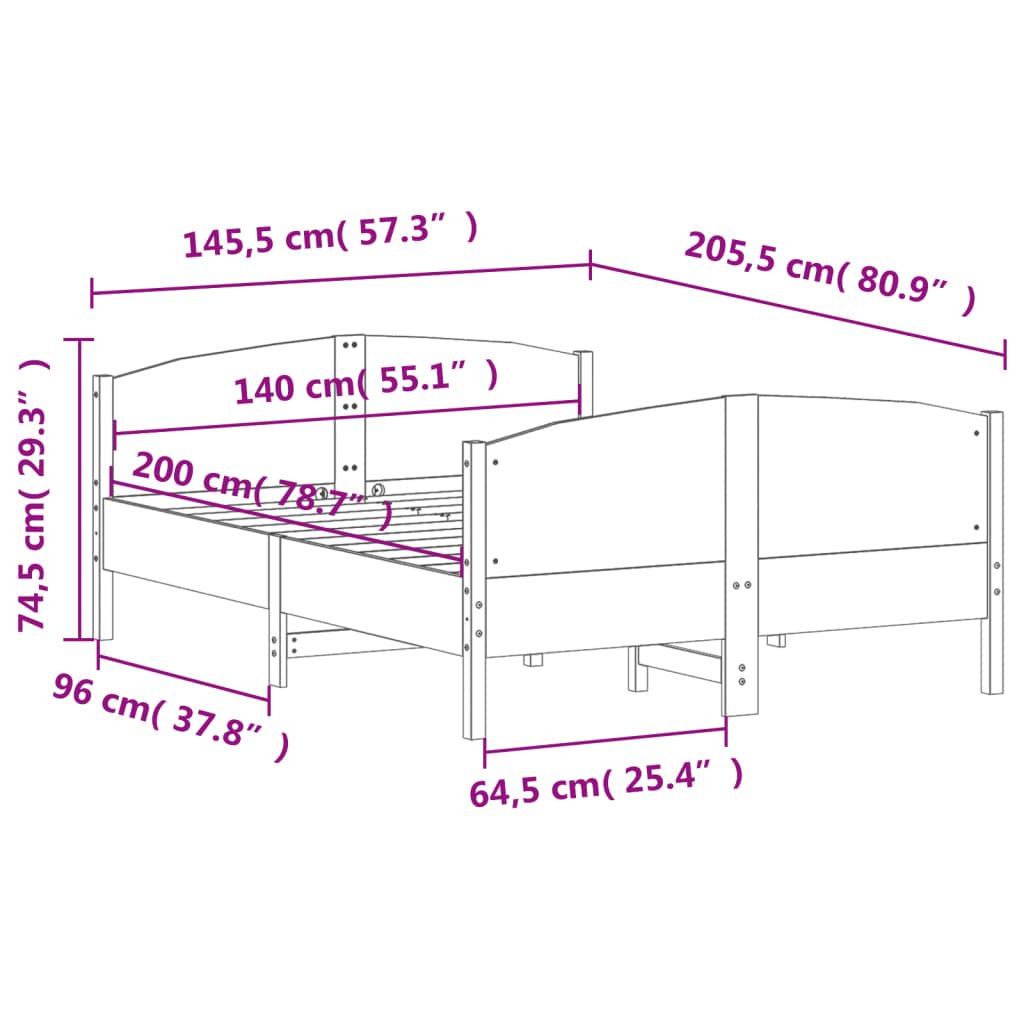 Cadre de lit sans matelas 140x200 cm bois massif de pin - XIOS