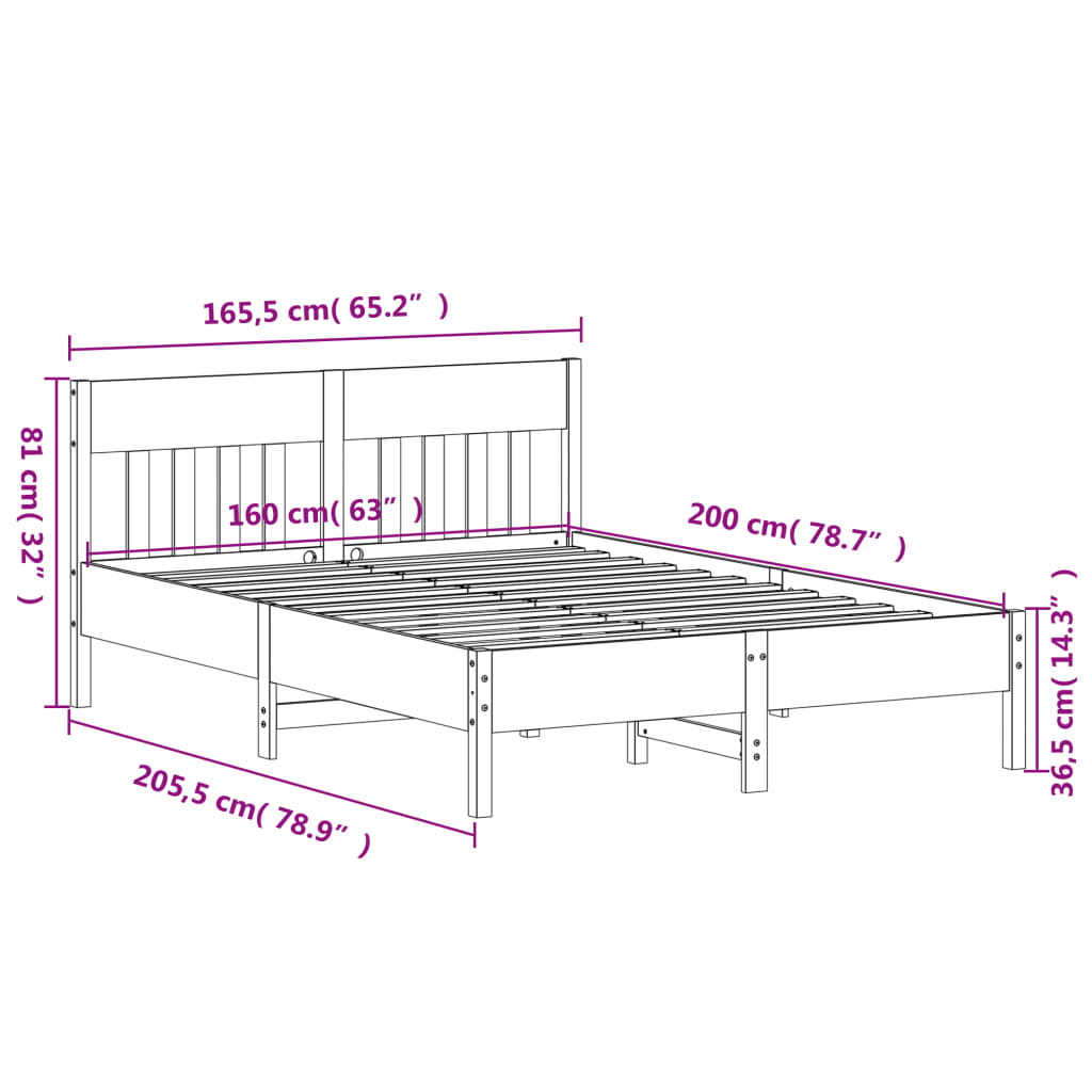 Cadre de lit sans matelas cire marron 160x200cm bois pin massif - XIOS