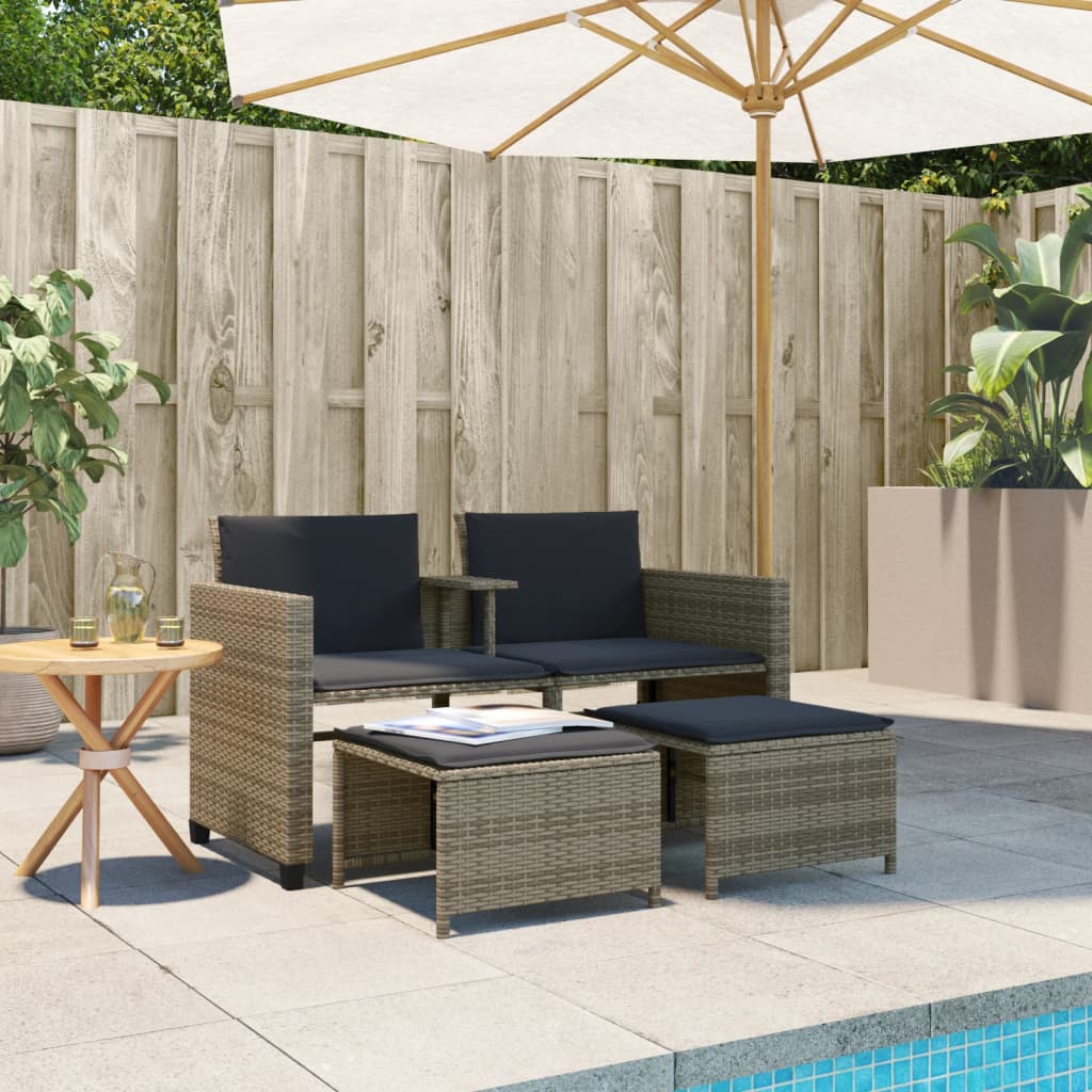 Canapé de jardin 2 places avec table et tabourets gris rotin - XIOS