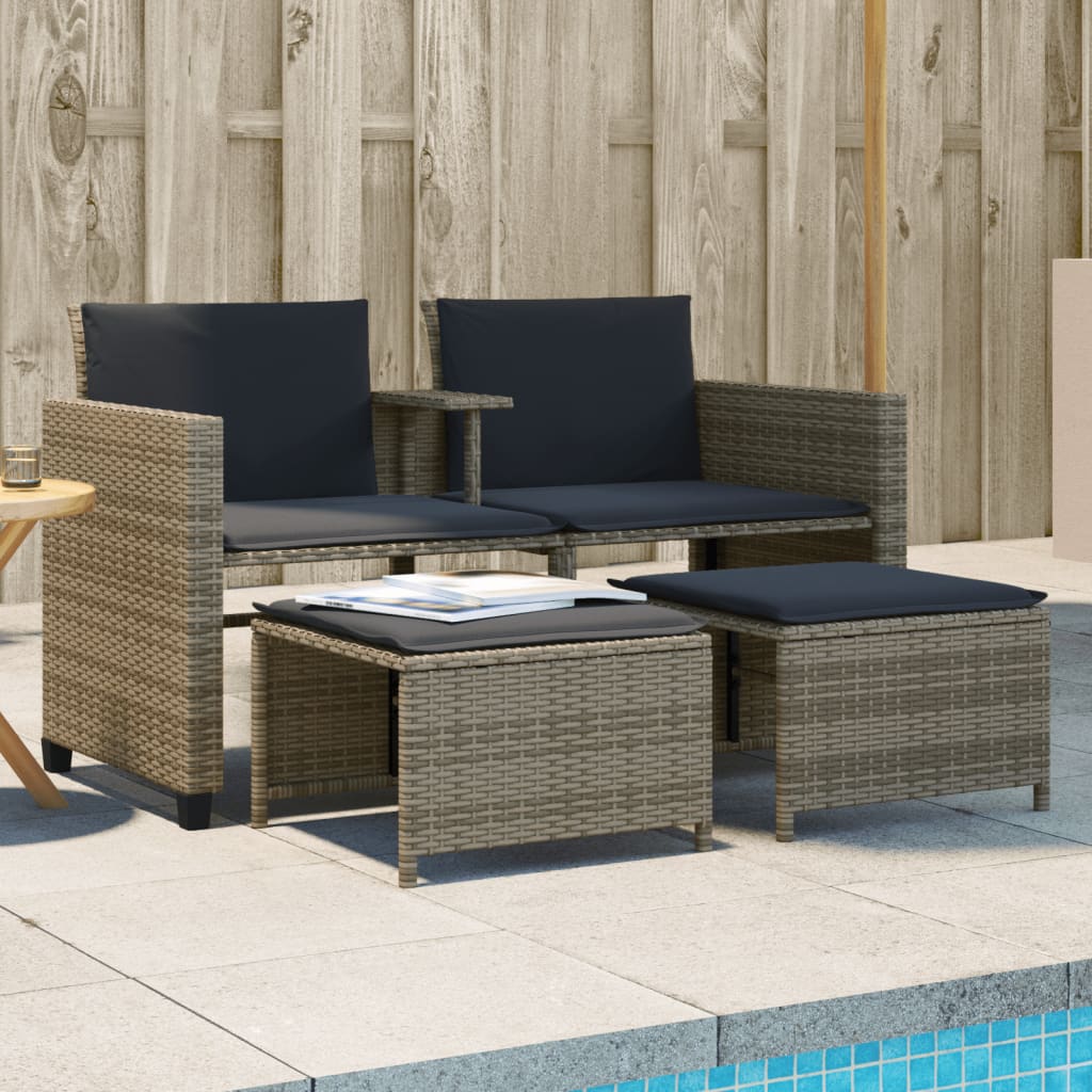 Canapé de jardin 2 places avec table et tabourets gris rotin - XIOS