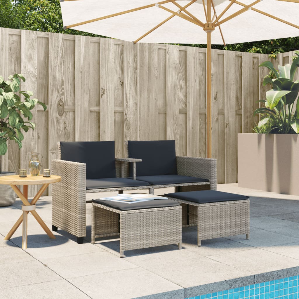 Canapé de jardin 2 places avec table tabourets gris clair rotin - XIOS