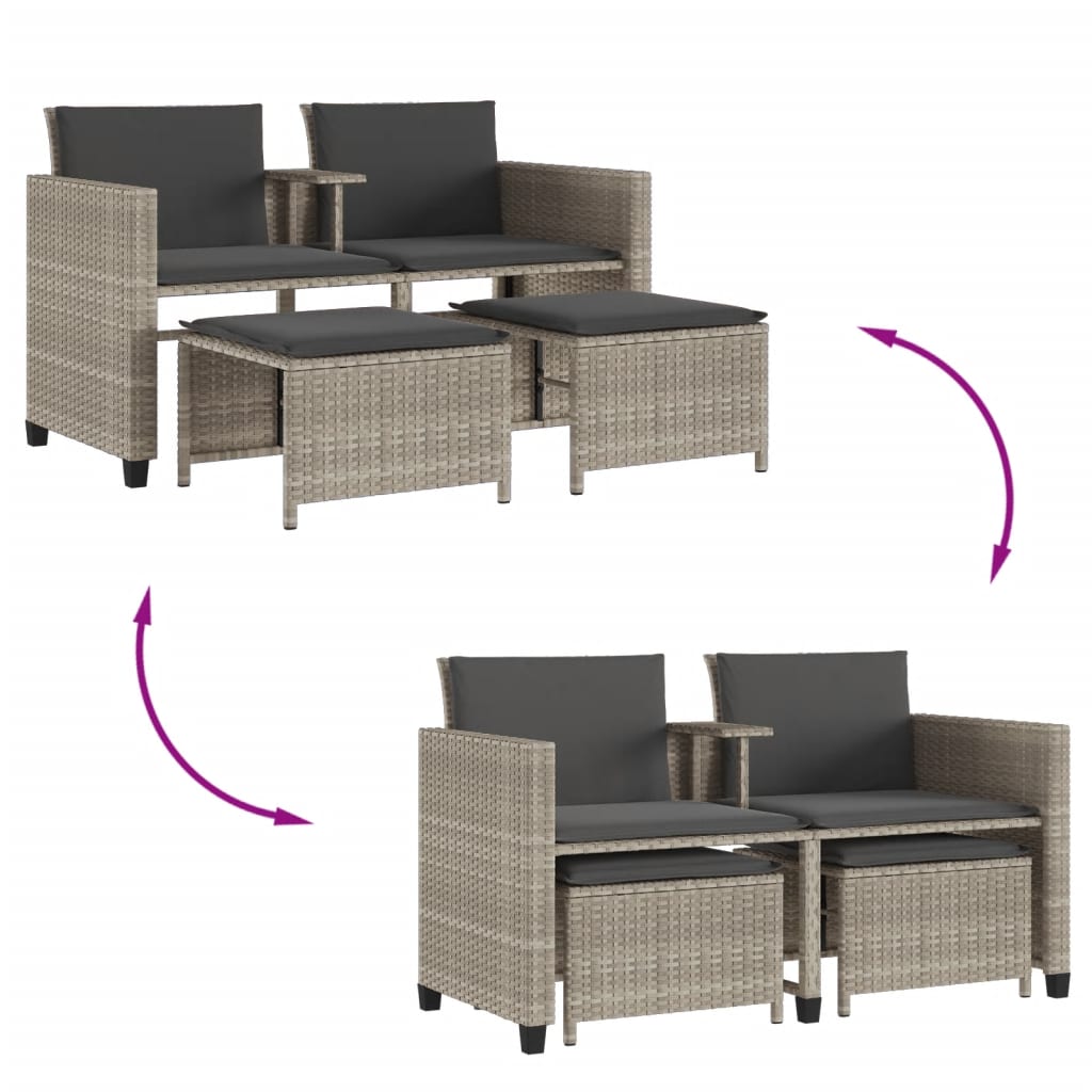 Canapé de jardin 2 places avec table tabourets gris clair rotin - XIOS