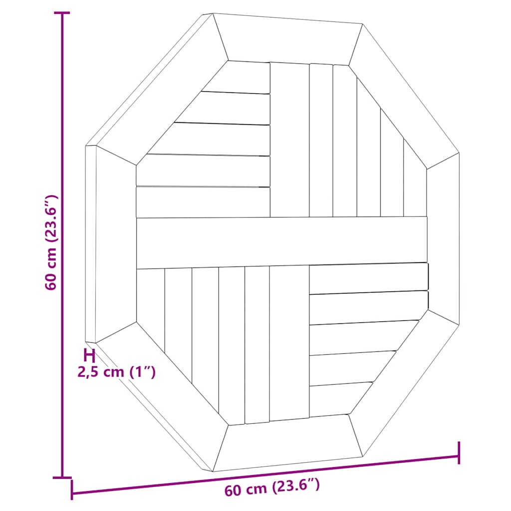 Dessus de table 60x60x2,5 cm octogonal bois de teck massif - XIOS