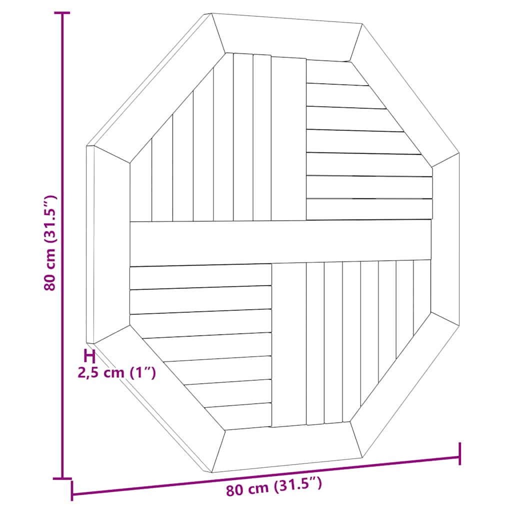 Dessus de table 80x80x2,5 cm octogonal bois de teck massif - XIOS