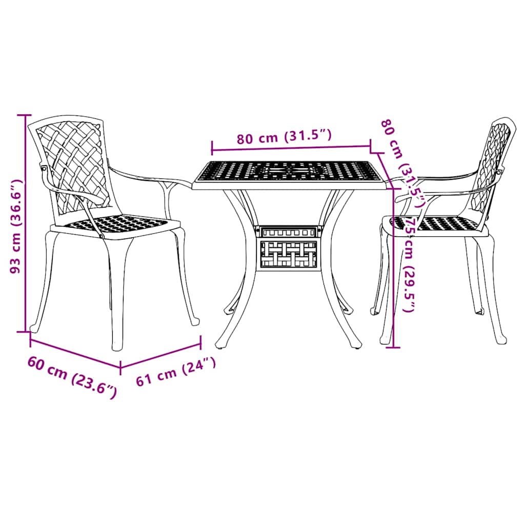 Ensemble de bistro 3 pcs noir aluminium coulé
