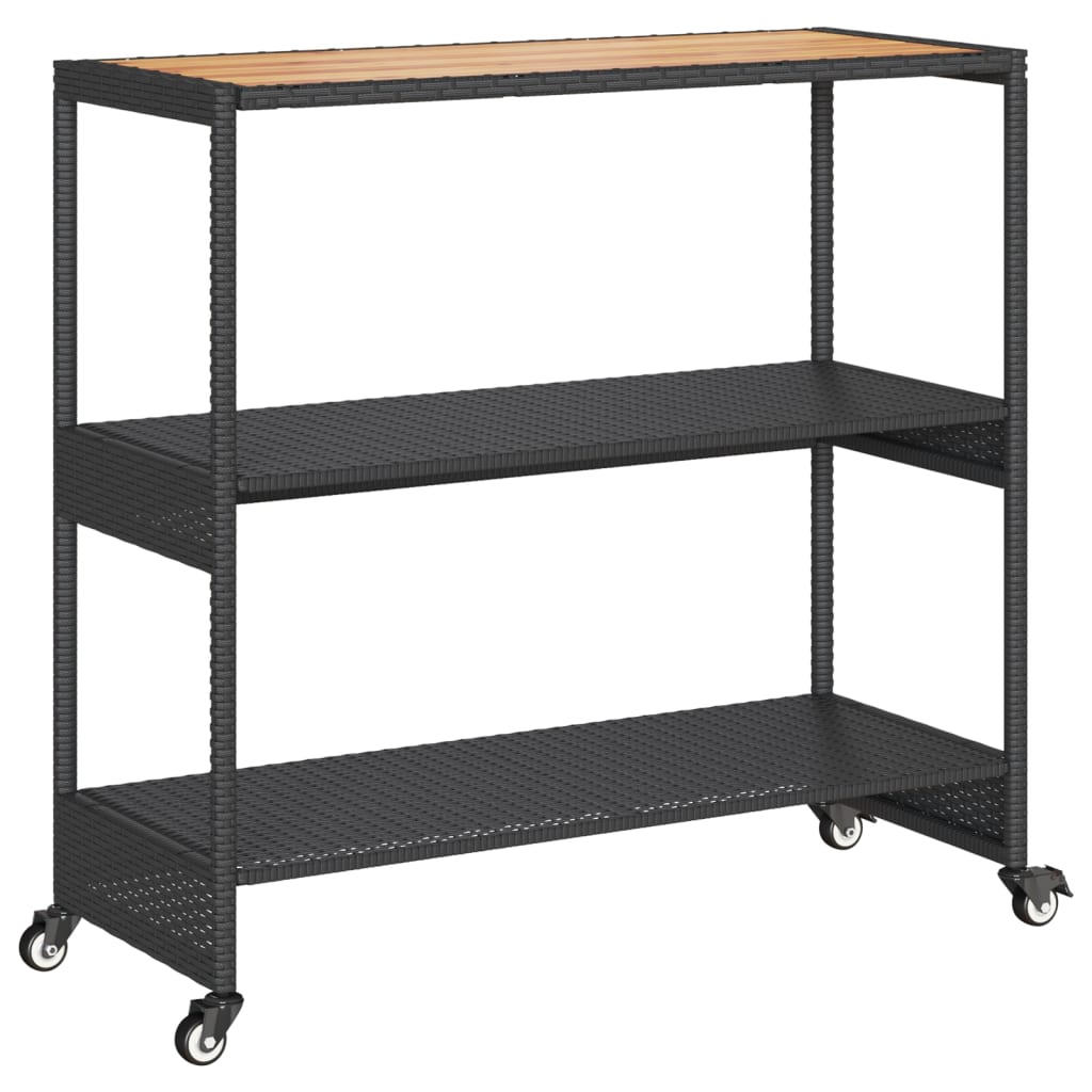 Chariot de bar 3 niveaux noir rotin et bois d'acacia massif - XIOS