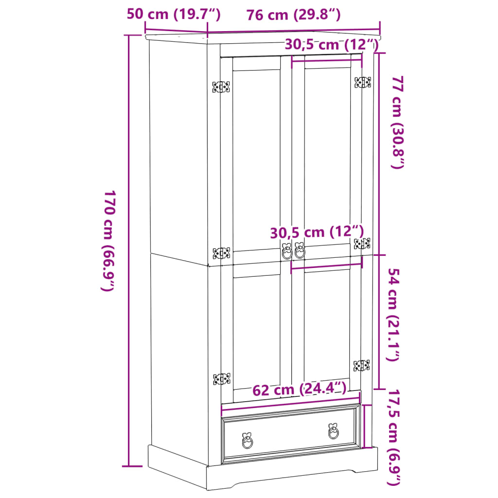 Garde-robe Corona 76x50x170 cm bois de pin massif - XIOS