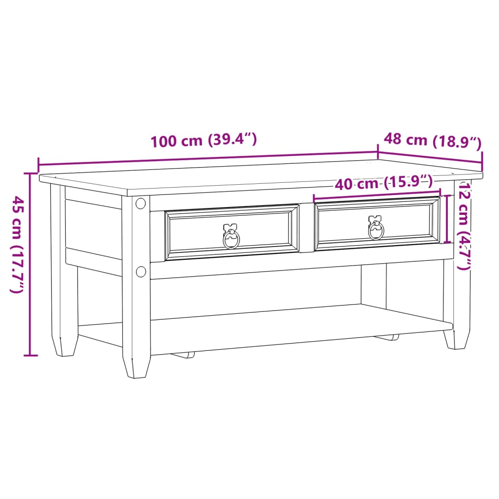 Table basse avec tiroirs Corona 100x48x45 cm bois de pin massif - XIOS
