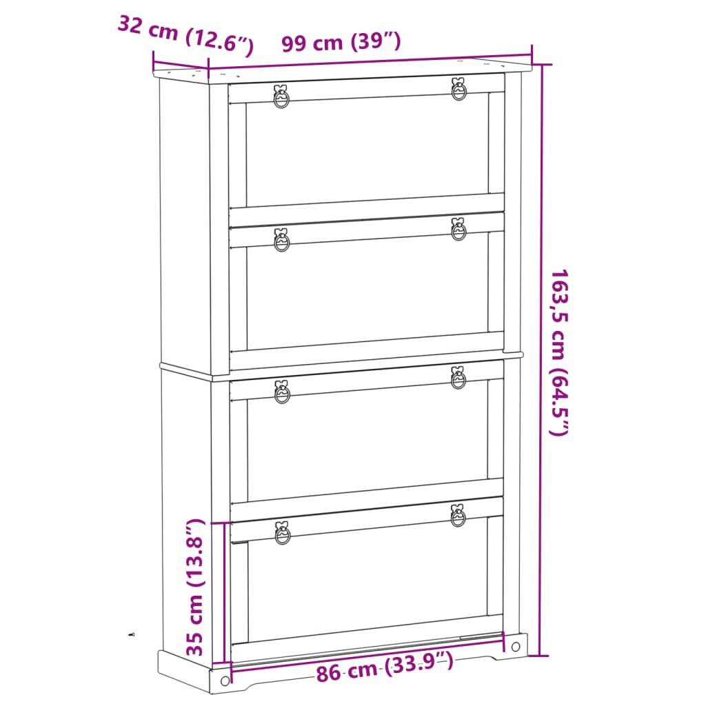 Armoire à chaussures Corona 99x32x163,5 cm bois de pin massif