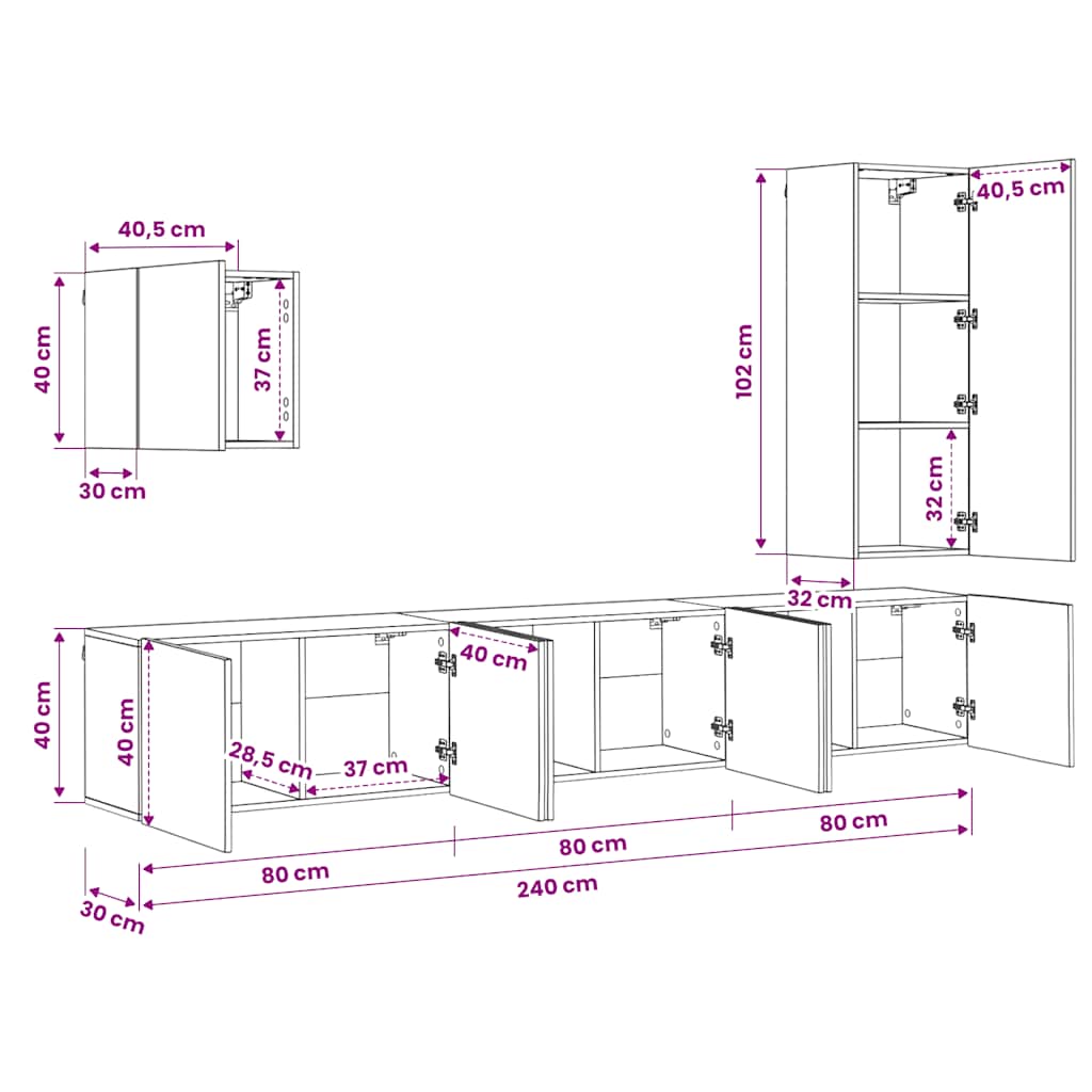 Unités murales TV 5 pcs gris béton bois d'ingénierie