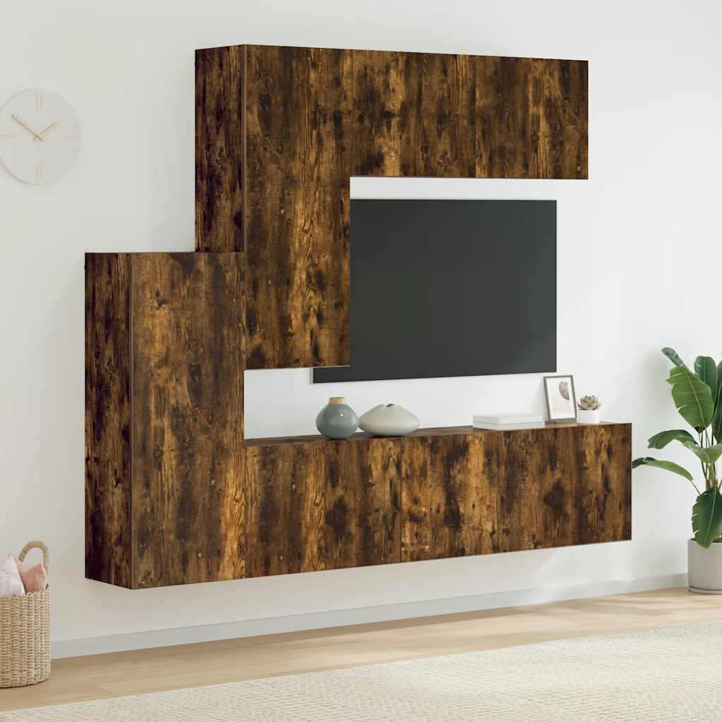 Unités murales TV 5 pcs chêne fumé bois d'ingénierie