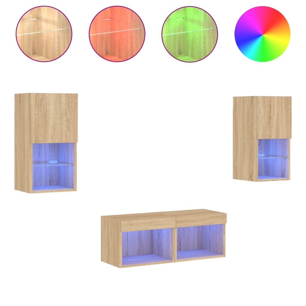 Meuble TV muraux 4 pcs avec lumières LED chêne sonoma