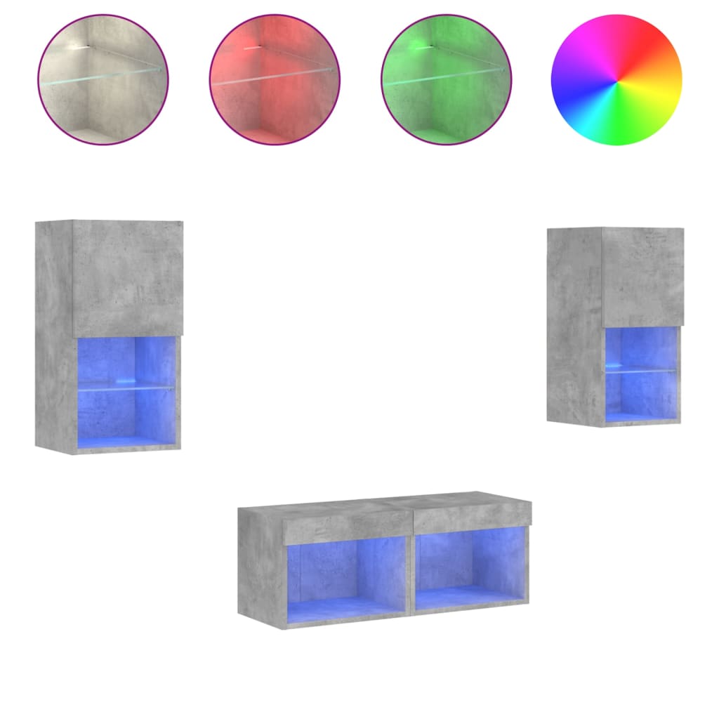 Meuble TV muraux 4 pcs avec lumières LED gris béton - XIOS
