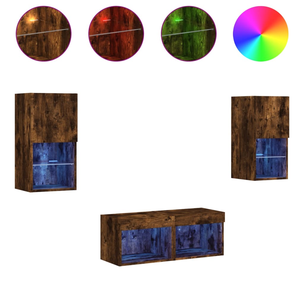 Meuble TV muraux 4 pcs avec lumières LED chêne fumé