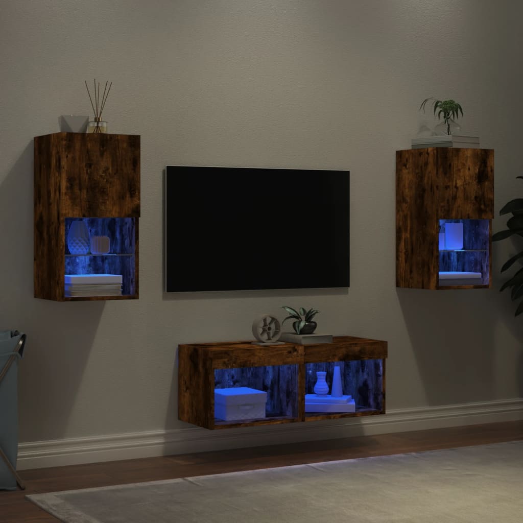 Meuble TV muraux 4 pcs avec lumières LED chêne fumé